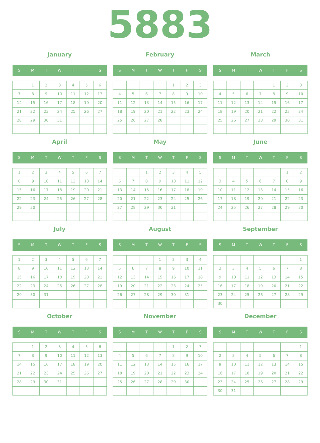 Printable 5883 Year Calendars celadon