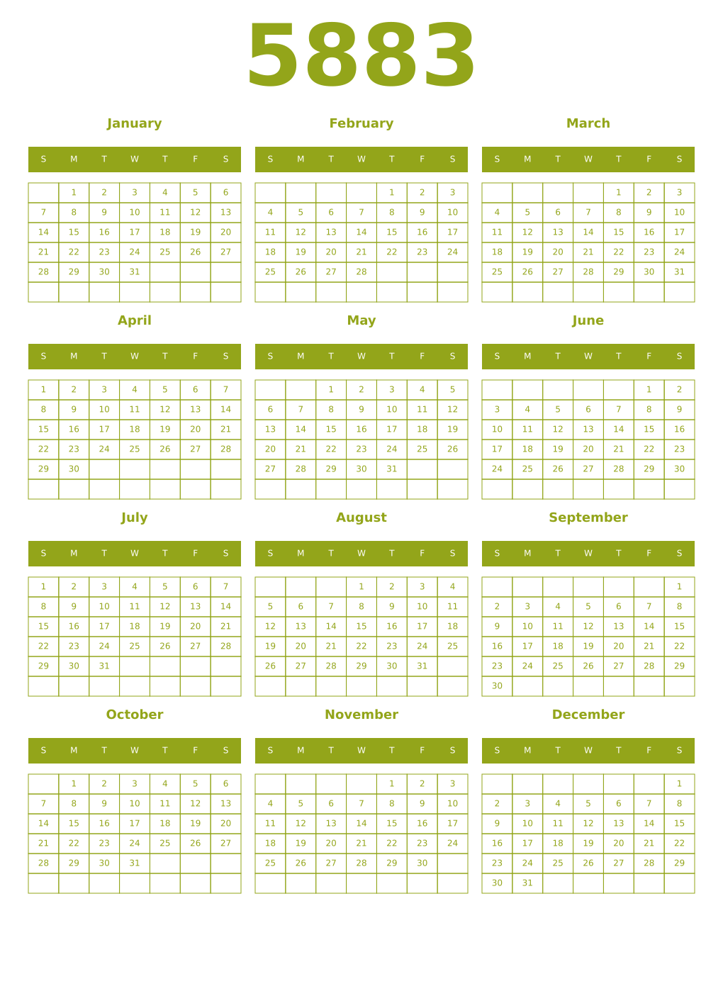 Printable 5883 Year Calendars chartreuse