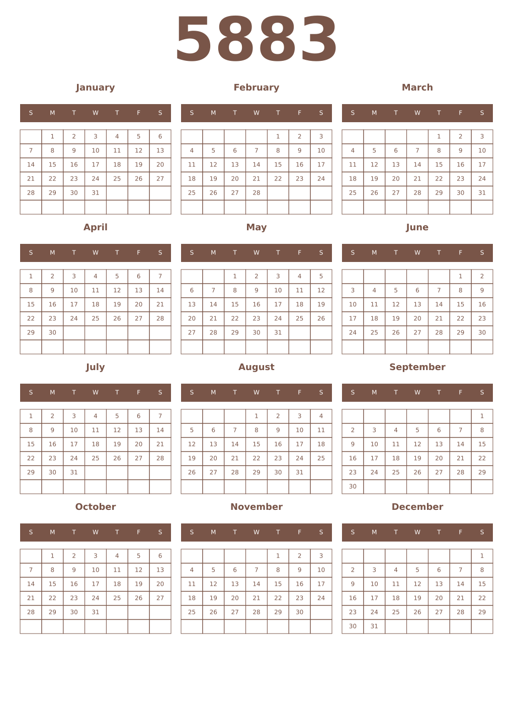 Printable 5883 Year Calendars coffe