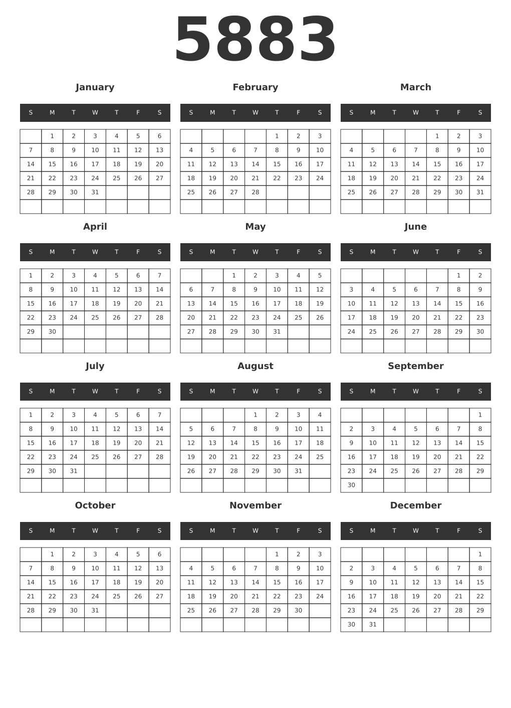 Printable 5883 Year Calendars dark