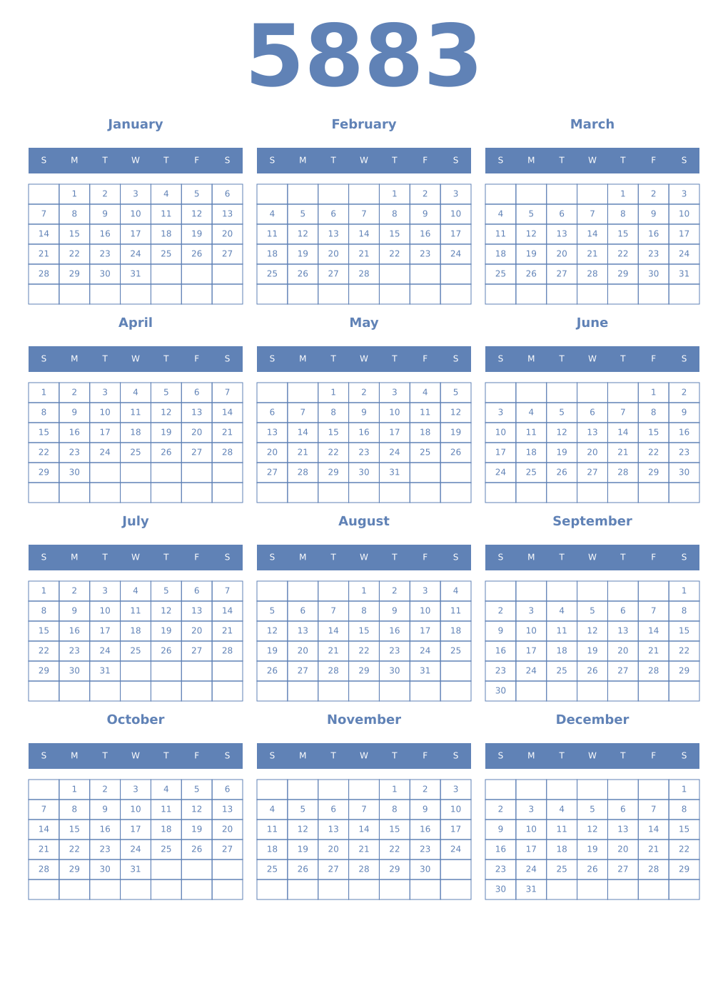 Printable 5883 Year Calendars glaucous