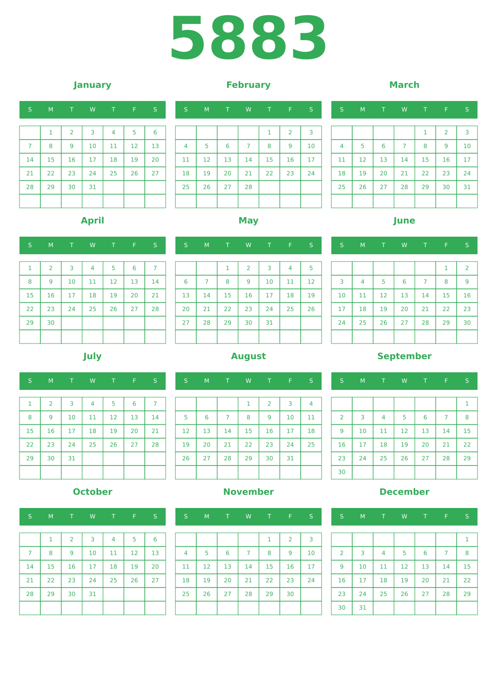 Printable 5883 Year Calendars green