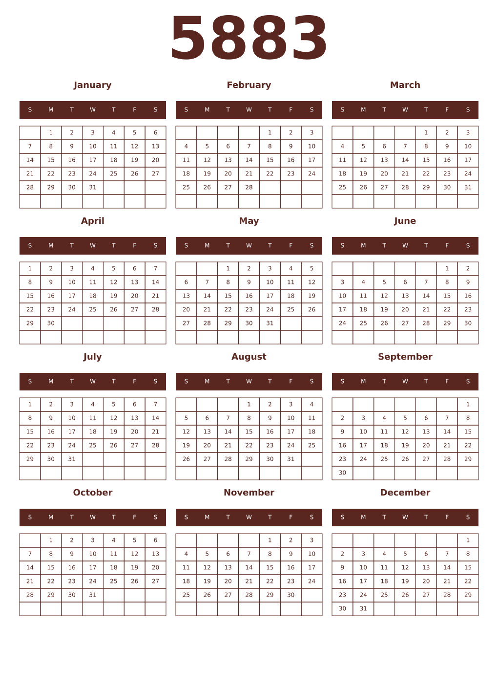 Printable 5883 Year Calendars mortuum