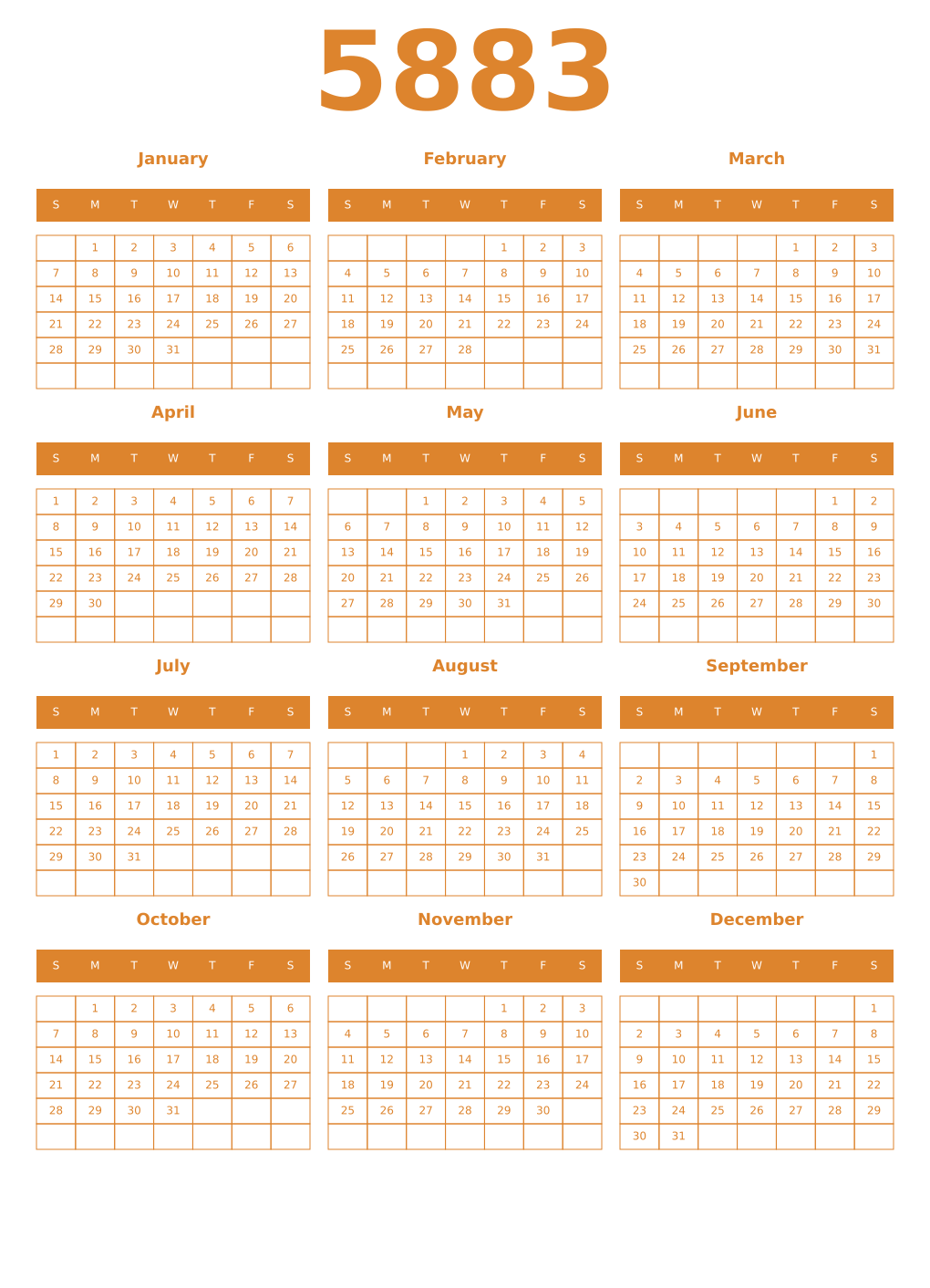 Printable 5883 Year Calendars orange