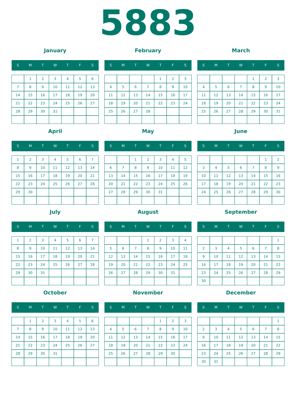Printable 5883 Year Calendars pastel