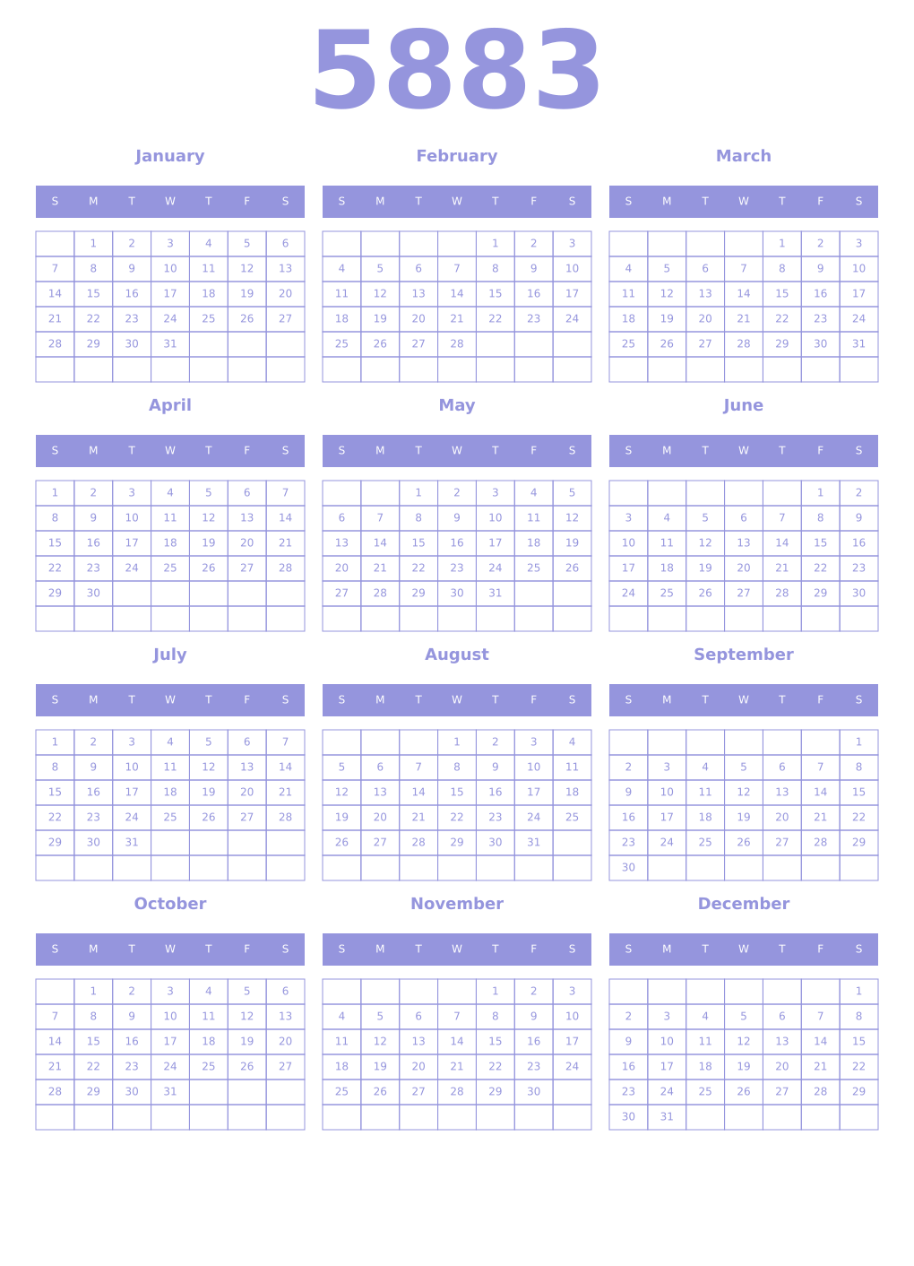 Printable 5883 Year Calendars periwinkle