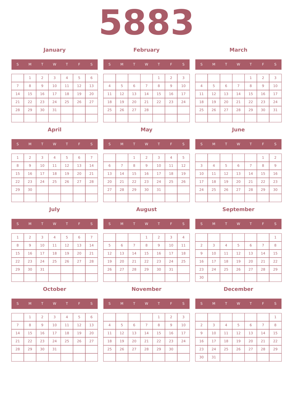 Printable 5883 Year Calendars puce