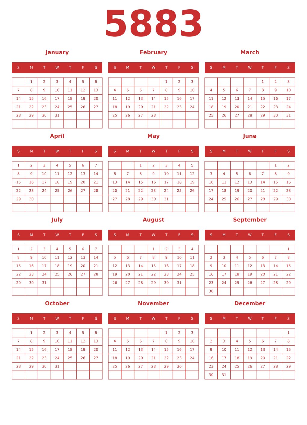 Printable 5883 Year Calendars red