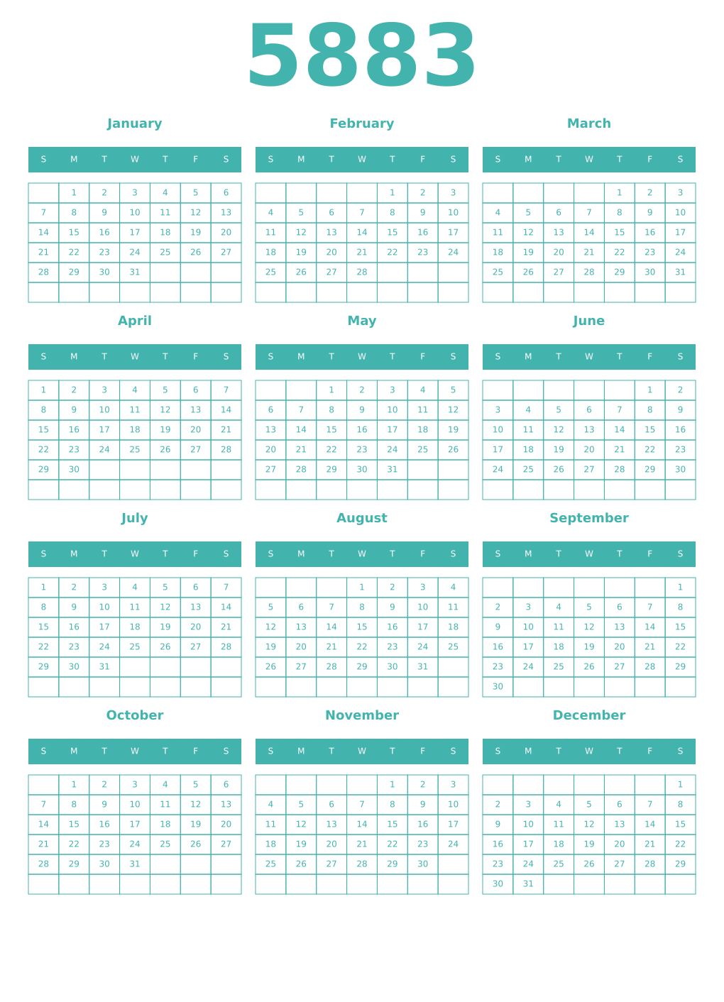 Printable 5883 Year Calendars verdigris
