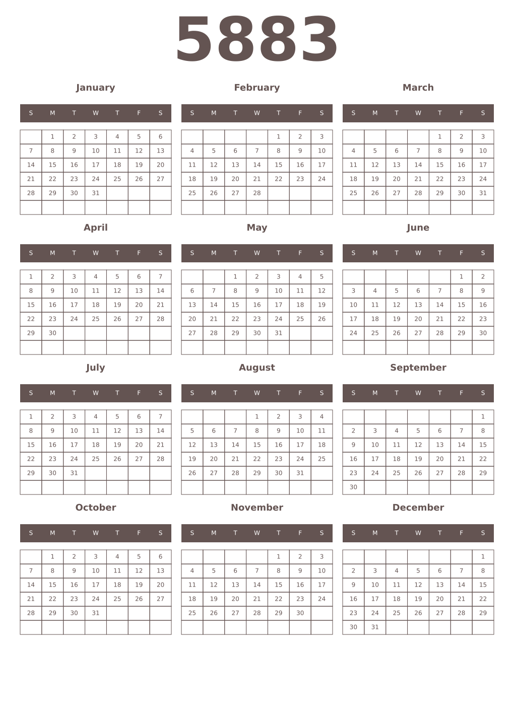 Printable 5883 Year Calendars wenge