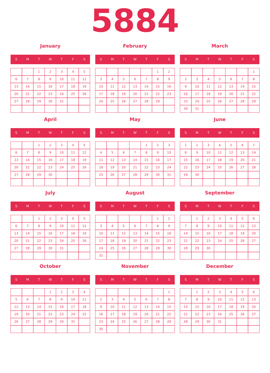 Printable 5884 Year Calendars amaranth