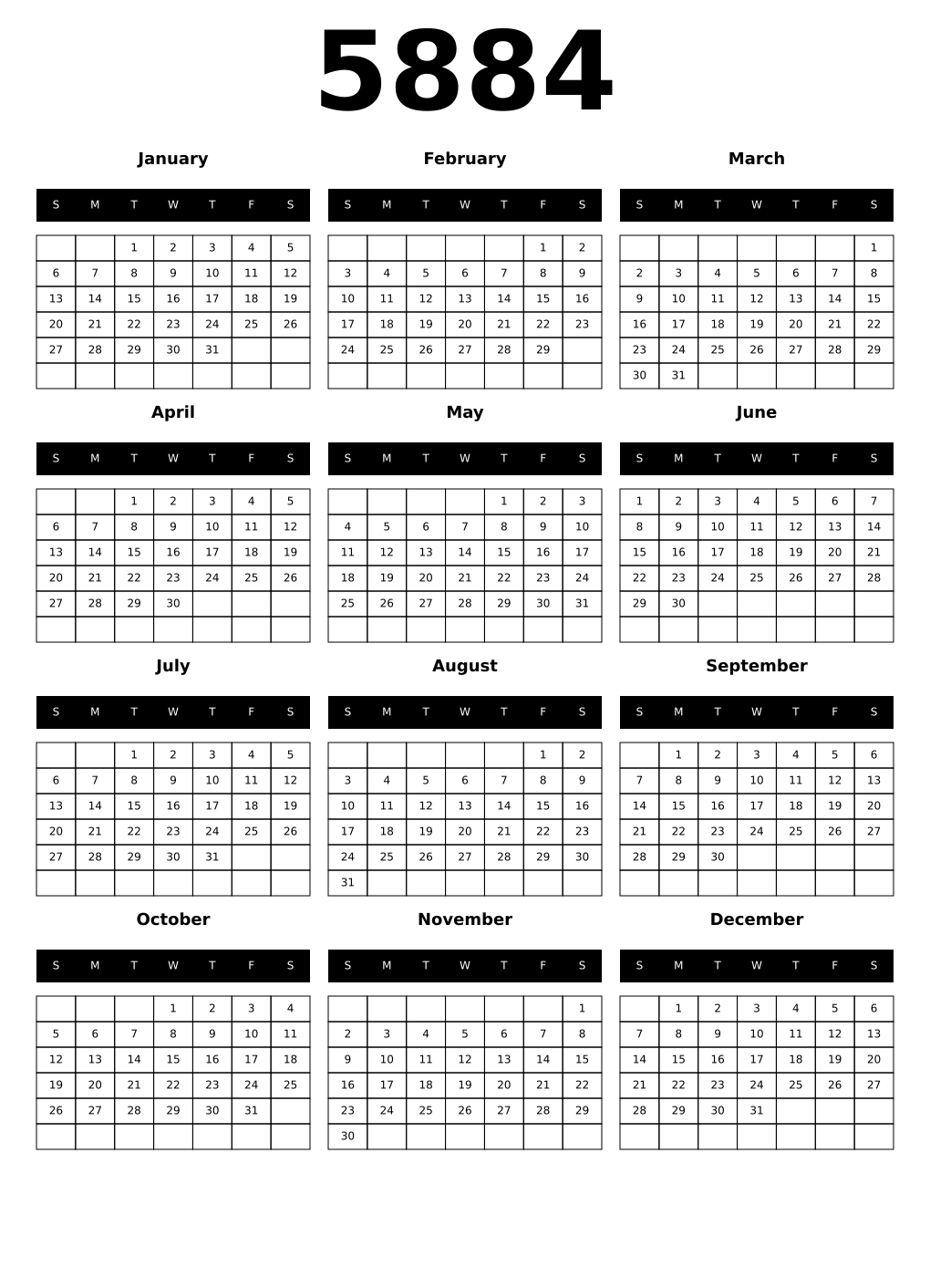 Printable 5884 Year Calendars black