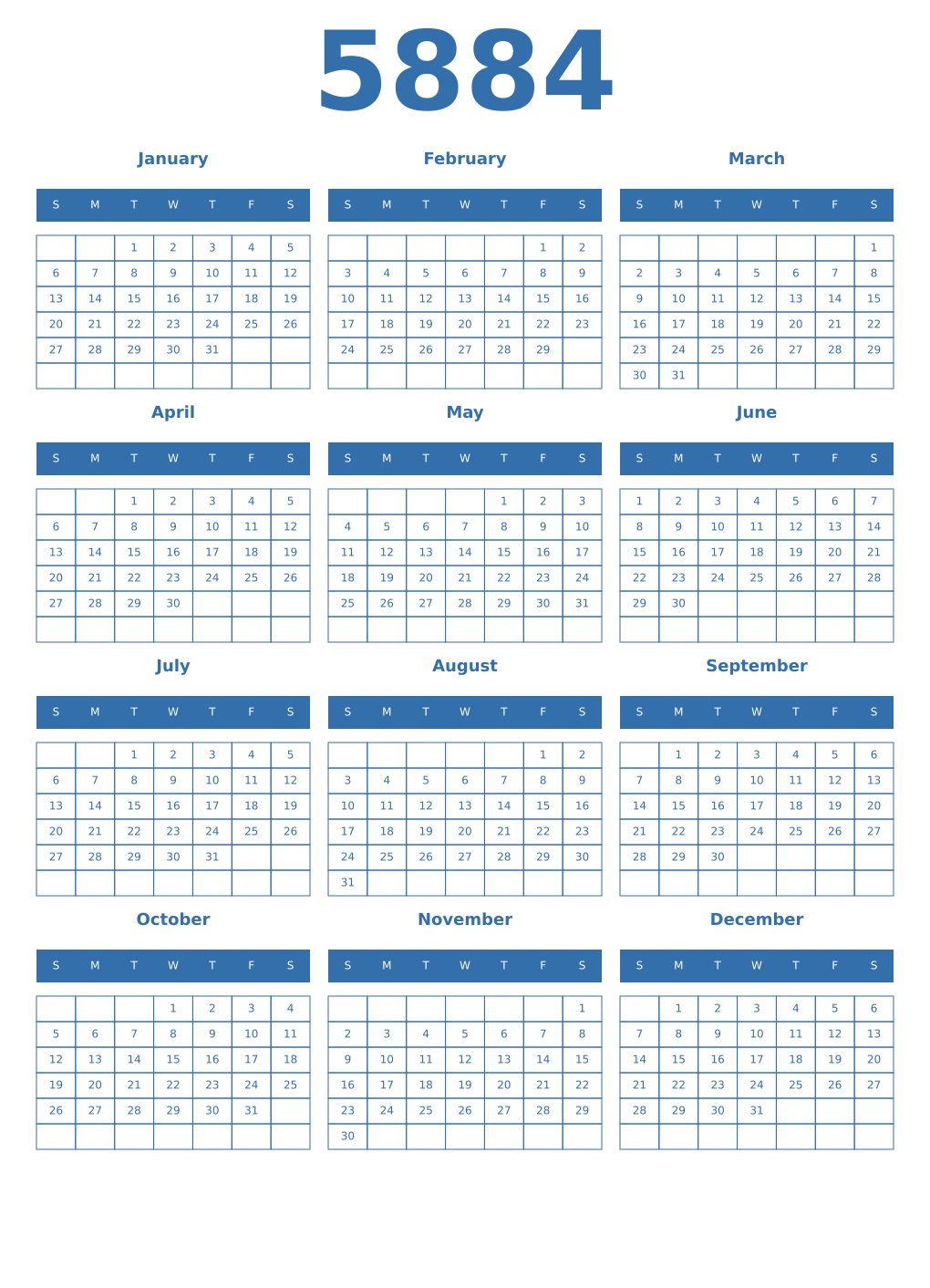 Printable 5884 Year Calendars blue