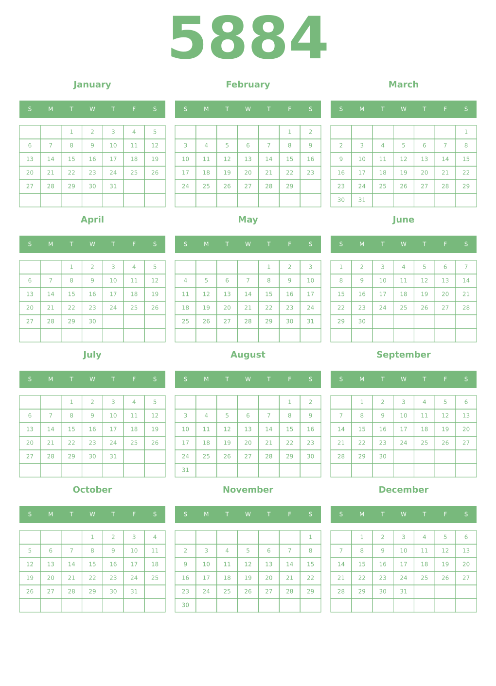 Printable 5884 Year Calendars celadon
