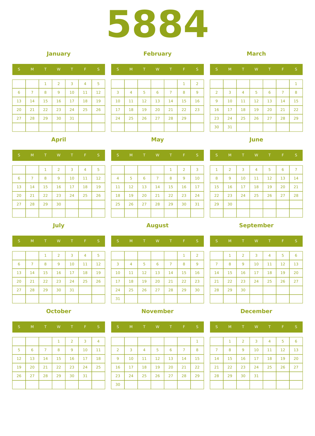 Printable 5884 Year Calendars chartreuse