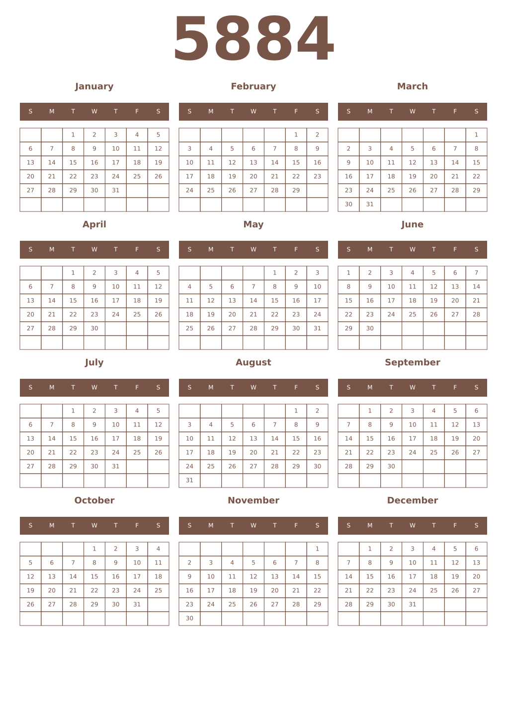 Printable 5884 Year Calendars coffe