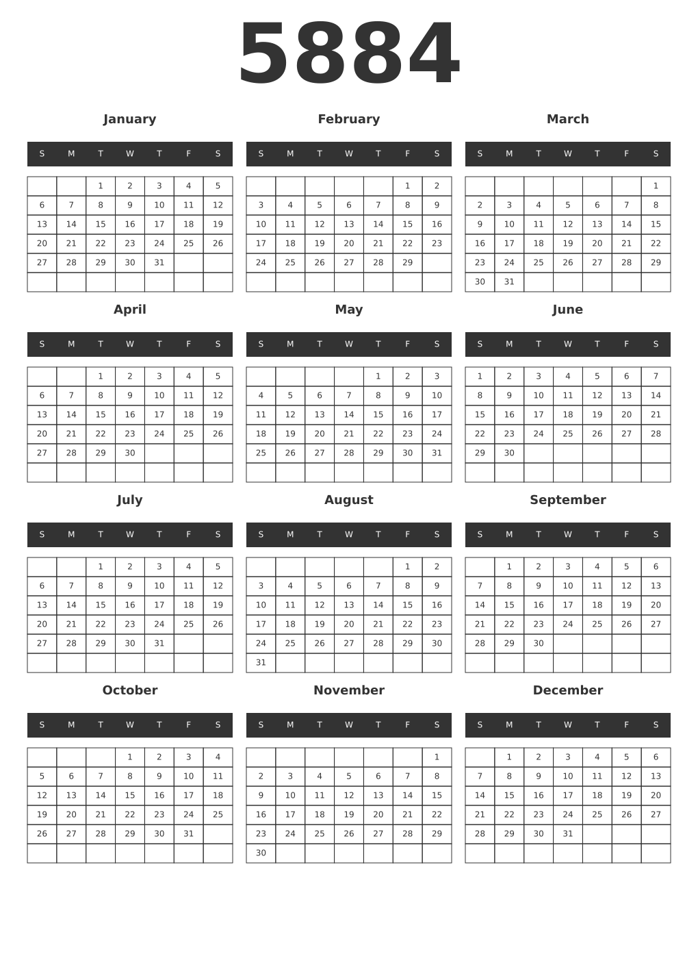Printable 5884 Year Calendars dark