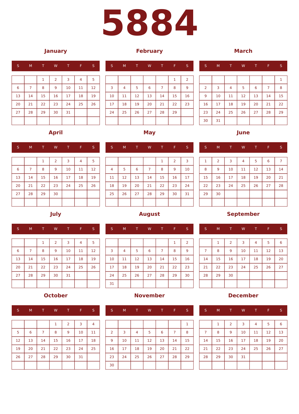 Printable 5884 Year Calendars falu