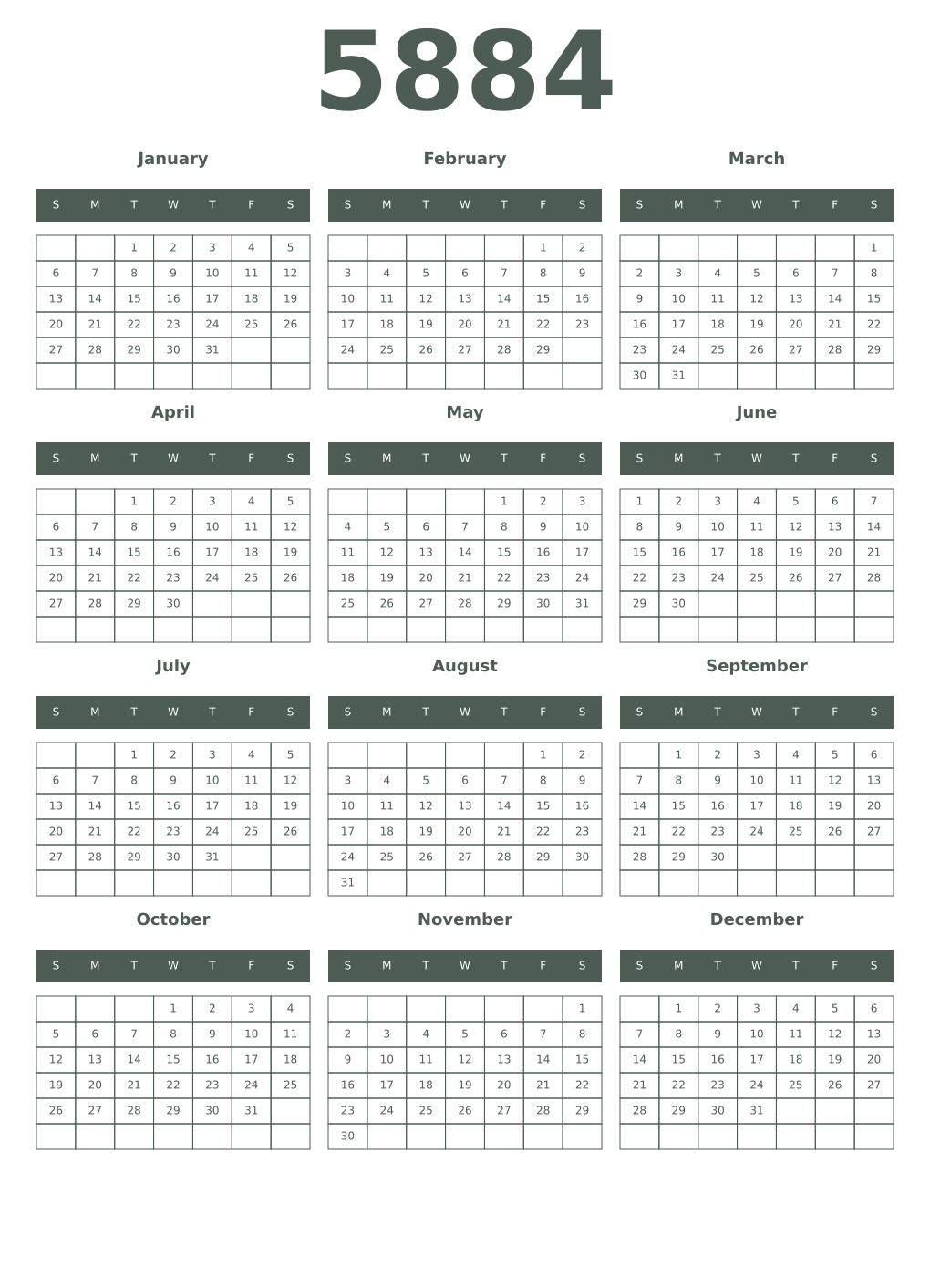 Printable 5884 Year Calendars feldgrau