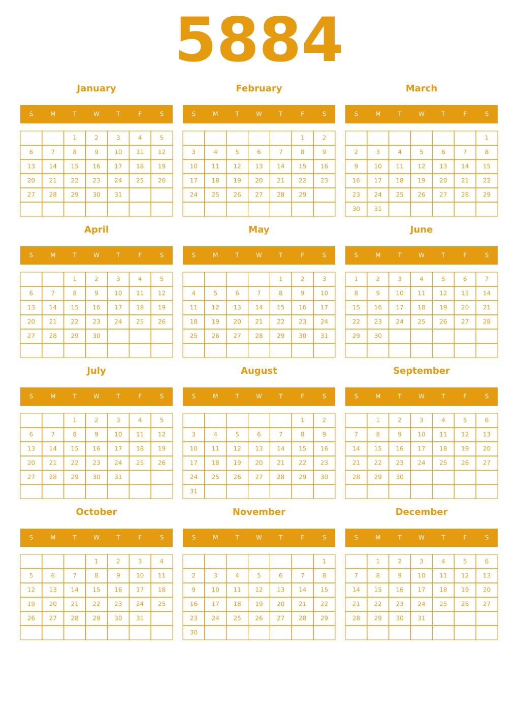 Printable 5884 Year Calendars gamboge