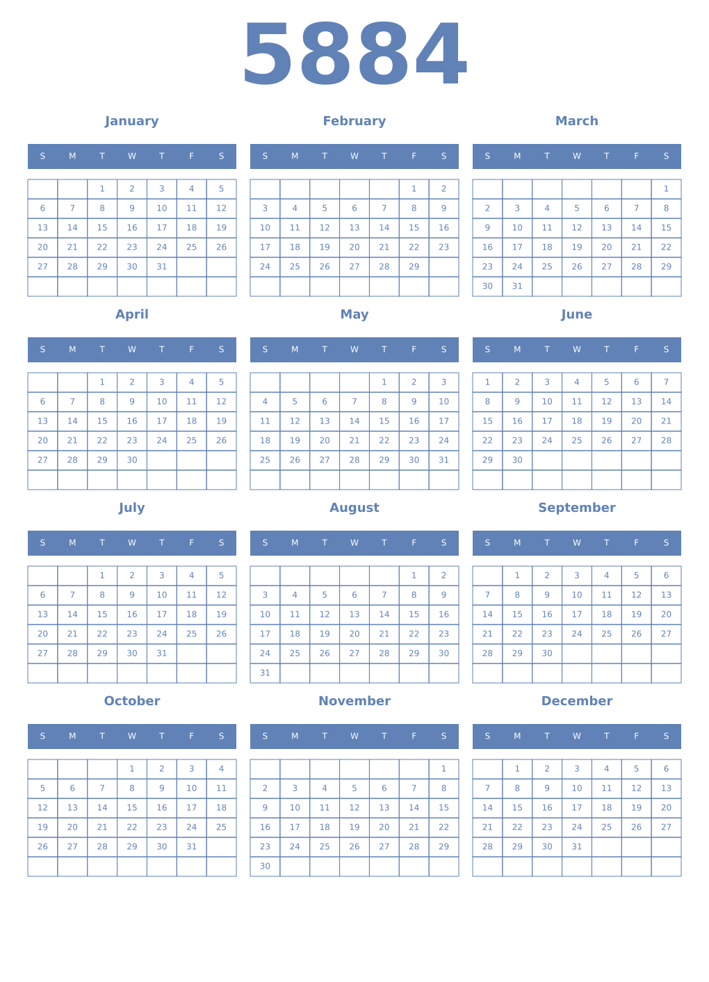 Printable 5884 Year Calendars glaucous