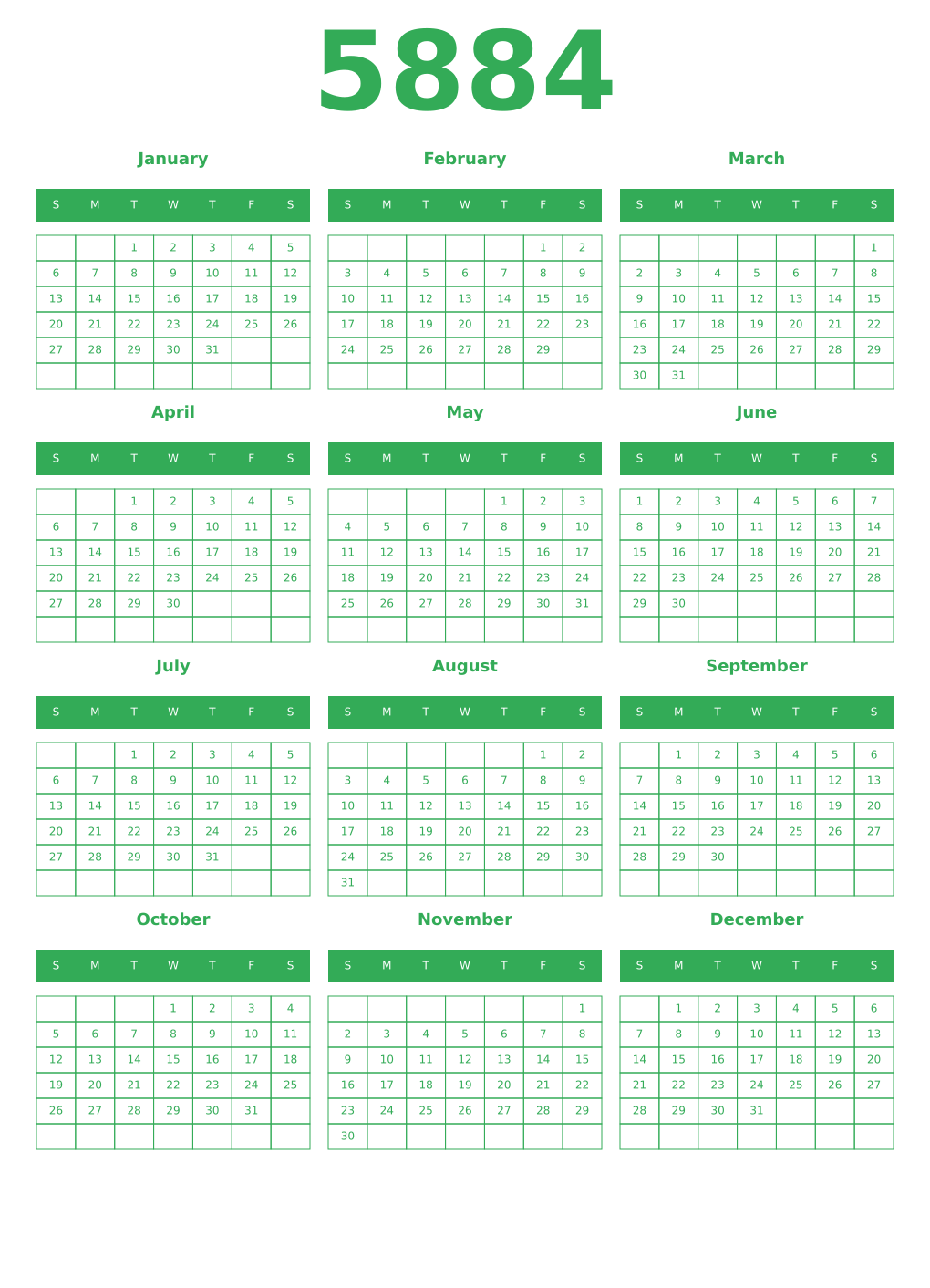 Printable 5884 Year Calendars green