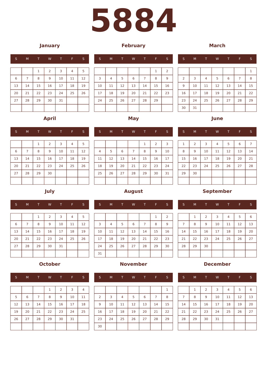 Printable 5884 Year Calendars mortuum