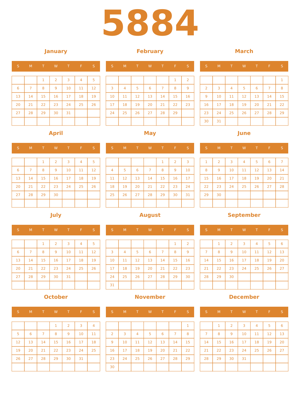 Printable 5884 Year Calendars orange