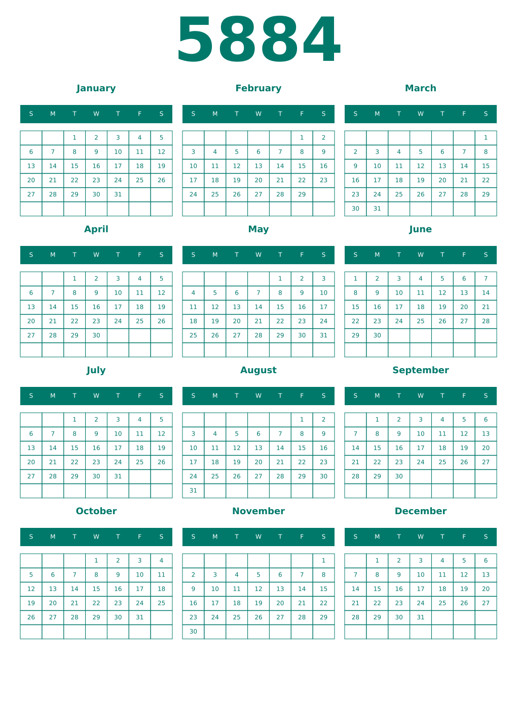 Printable 5884 Year Calendars pastel