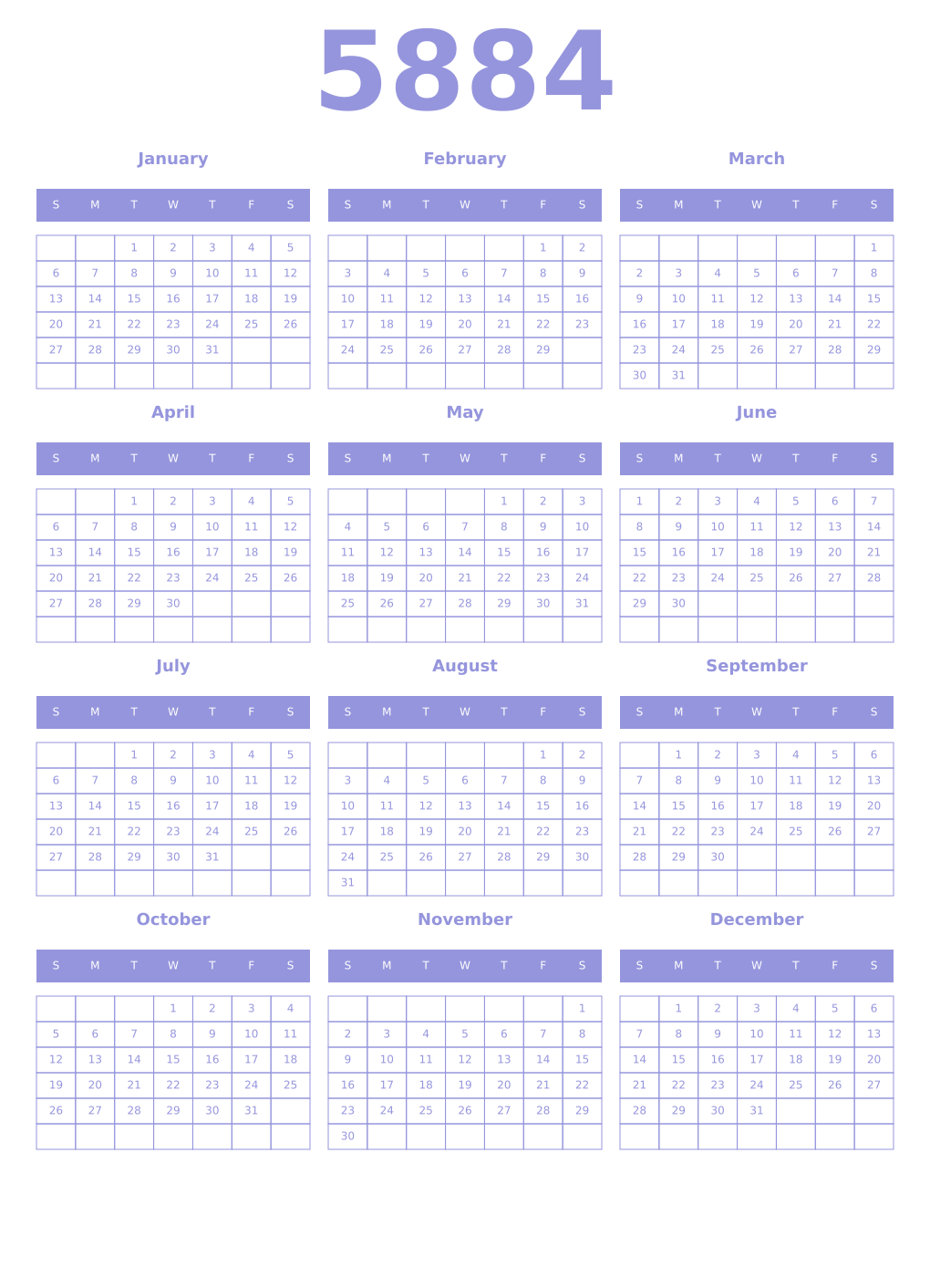 Printable 5884 Year Calendars periwinkle