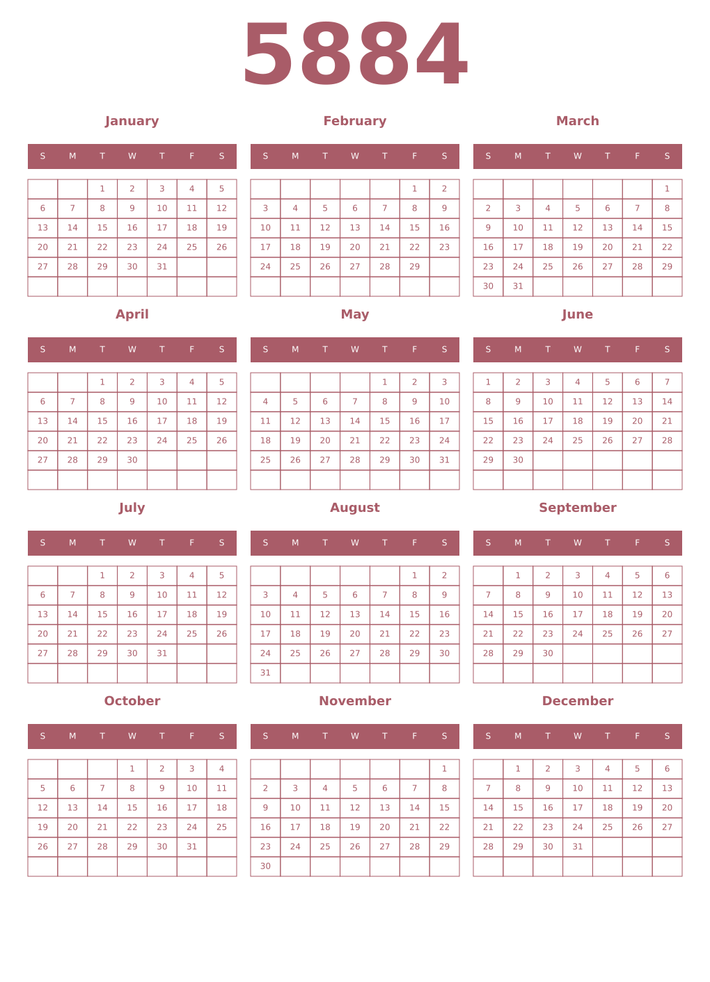 Printable 5884 Year Calendars puce