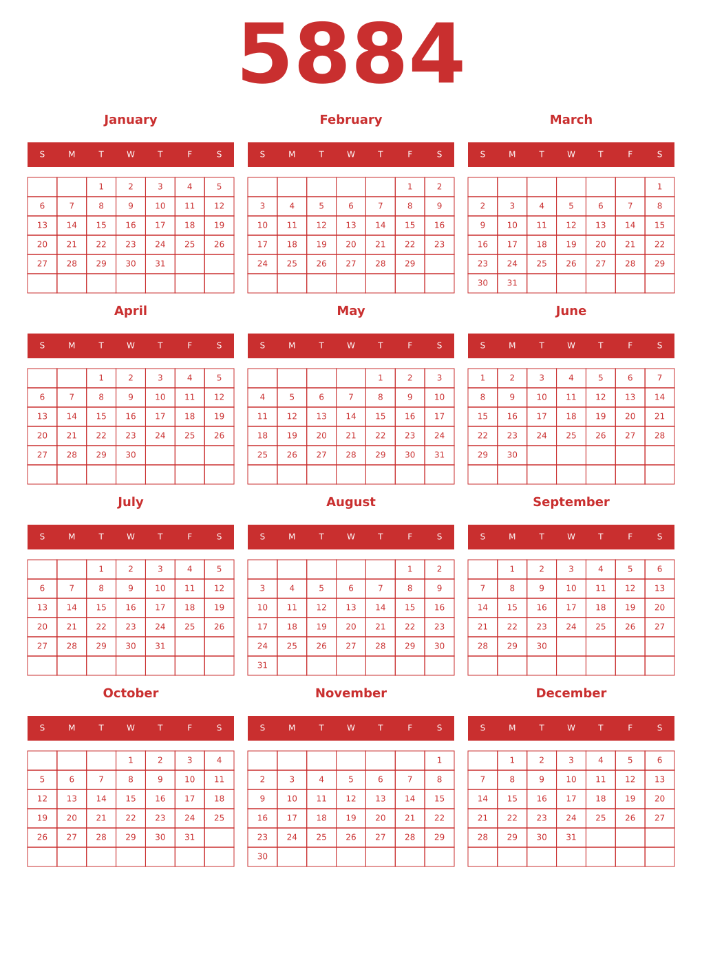 Printable 5884 Year Calendars red