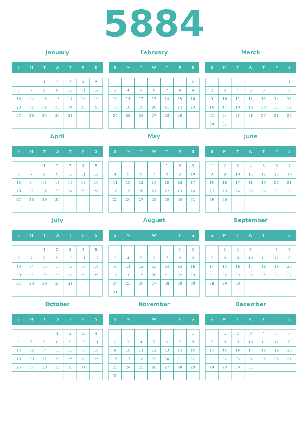 Printable 5884 Year Calendars verdigris