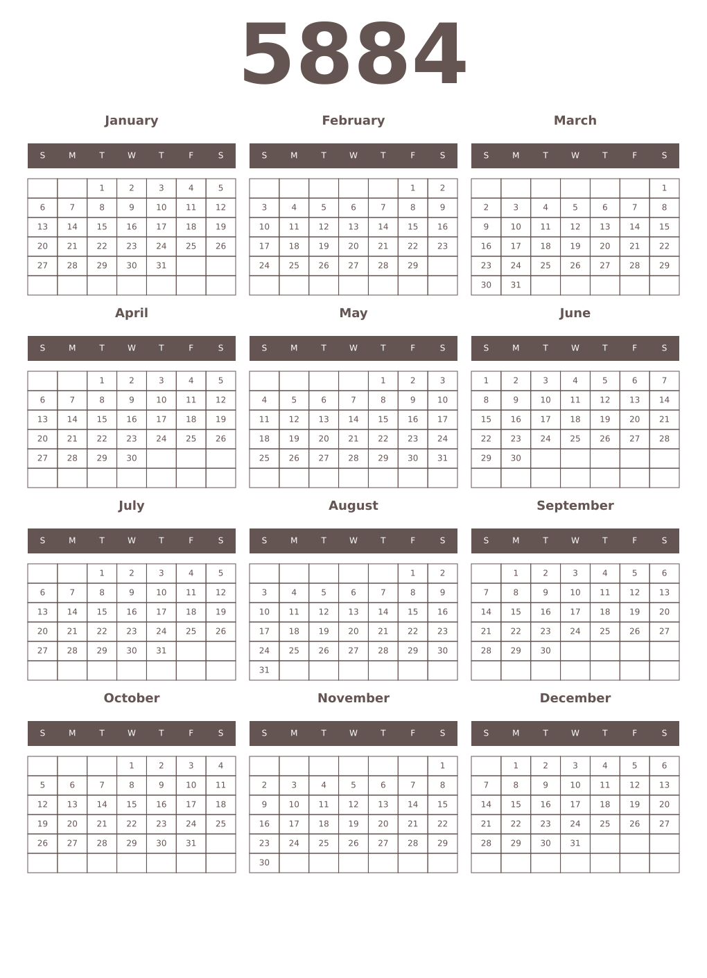 Printable 5884 Year Calendars wenge