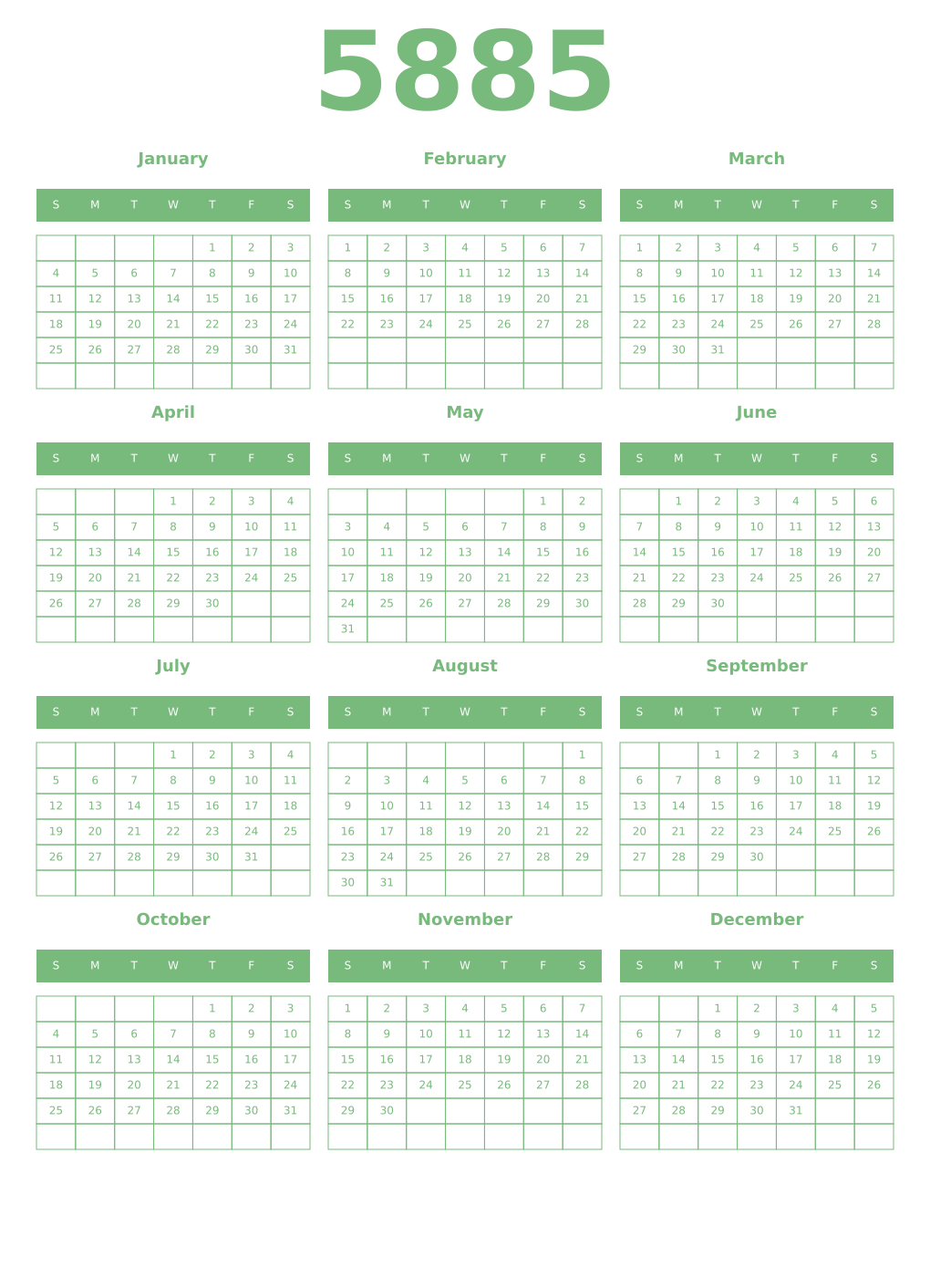 Printable 5885 Year Calendars celadon