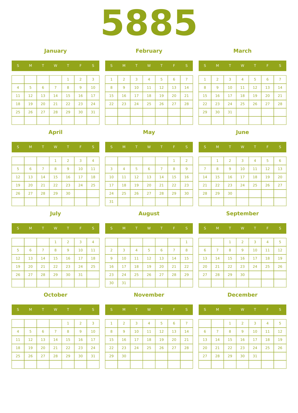 Printable 5885 Year Calendars chartreuse