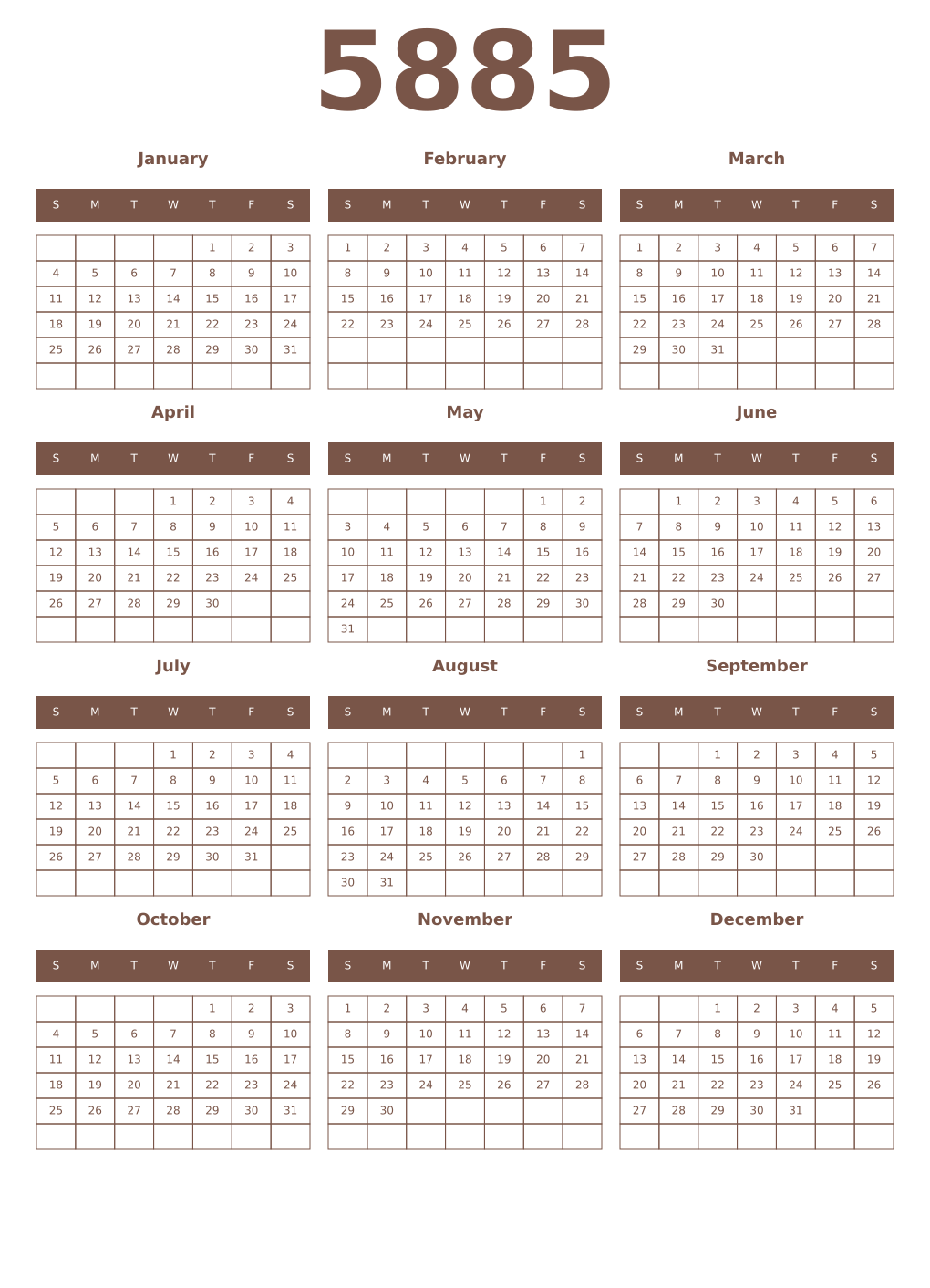 Printable 5885 Year Calendars coffe
