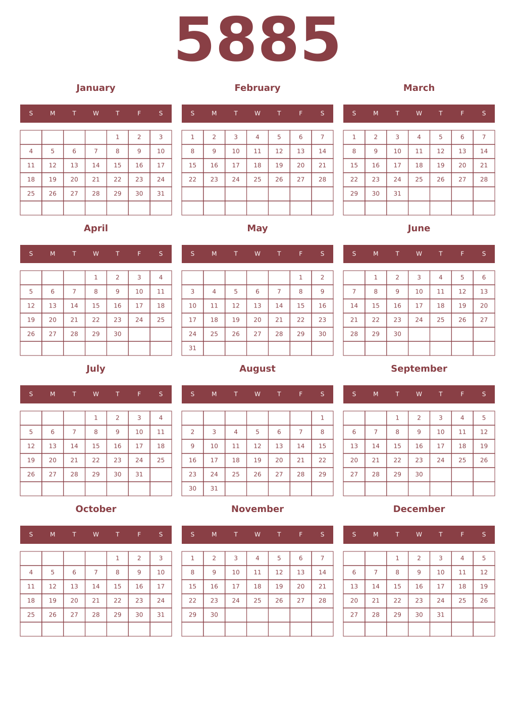 Printable 5885 Year Calendars cordovan