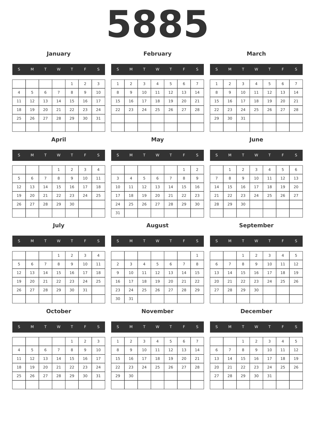 Printable 5885 Year Calendars dark