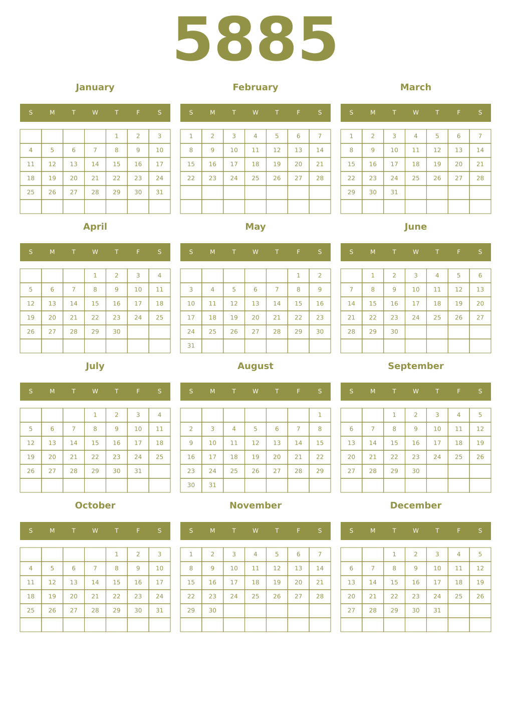 Printable 5885 Year Calendars eburnean