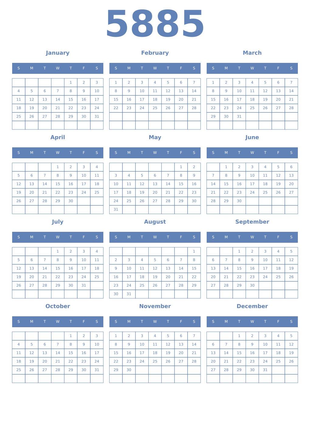 Printable 5885 Year Calendars glaucous