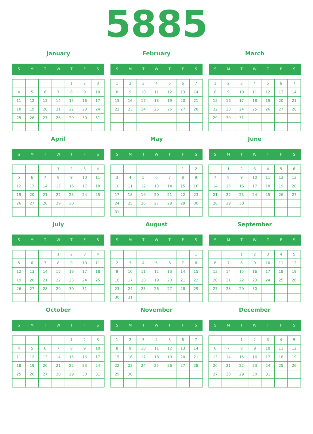 Printable 5885 Year Calendars green