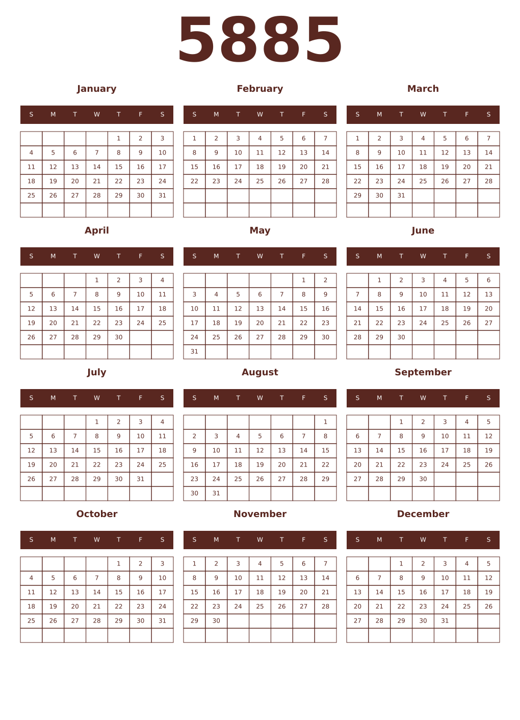 Printable 5885 Year Calendars mortuum
