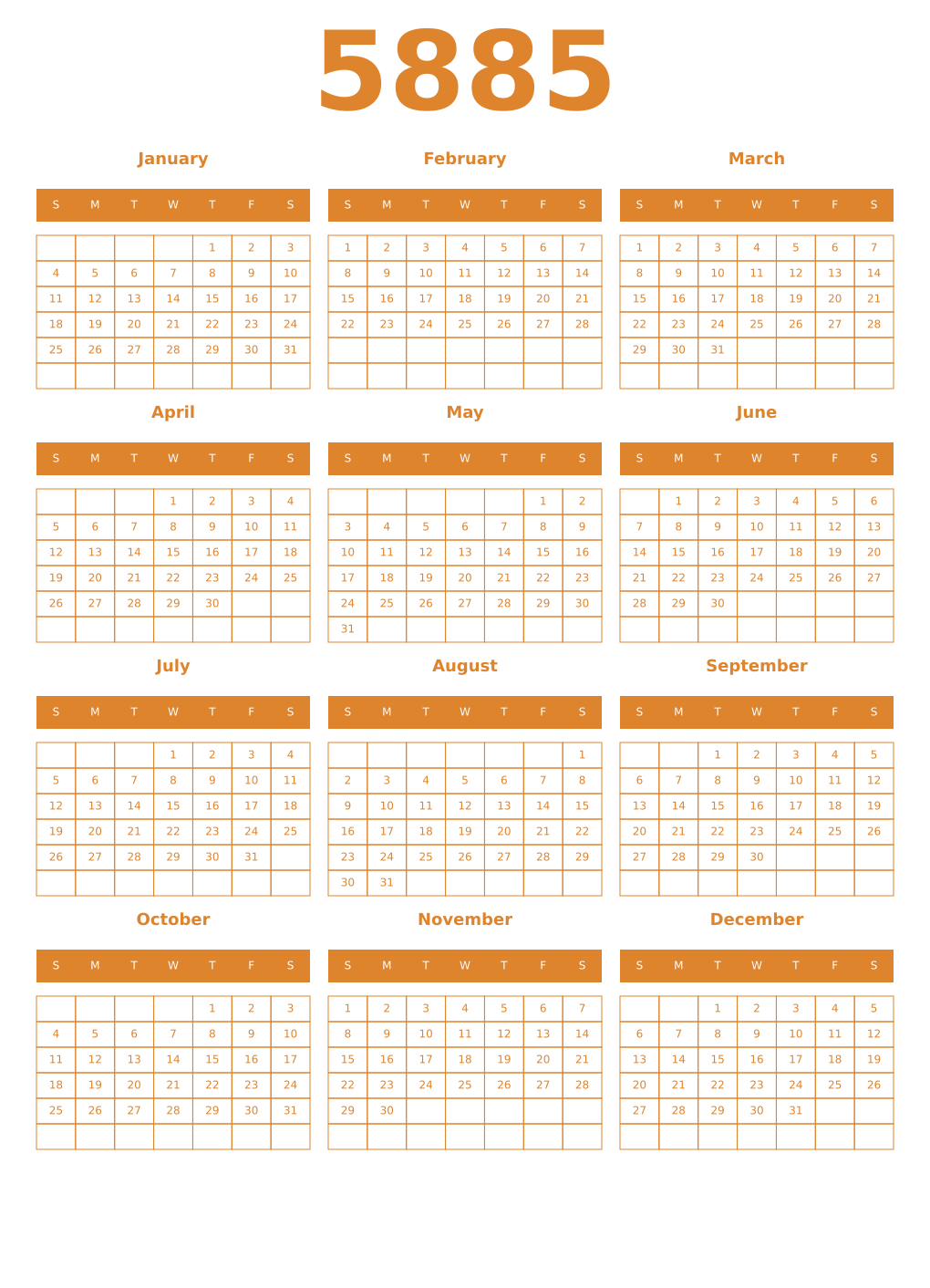 Printable 5885 Year Calendars orange