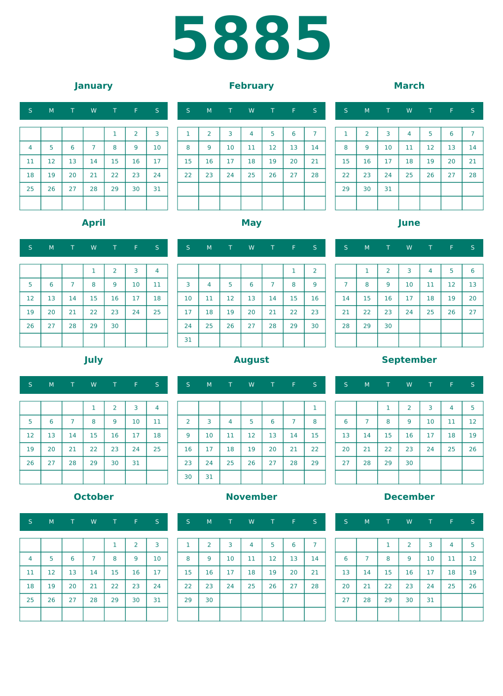 Printable 5885 Year Calendars pastel