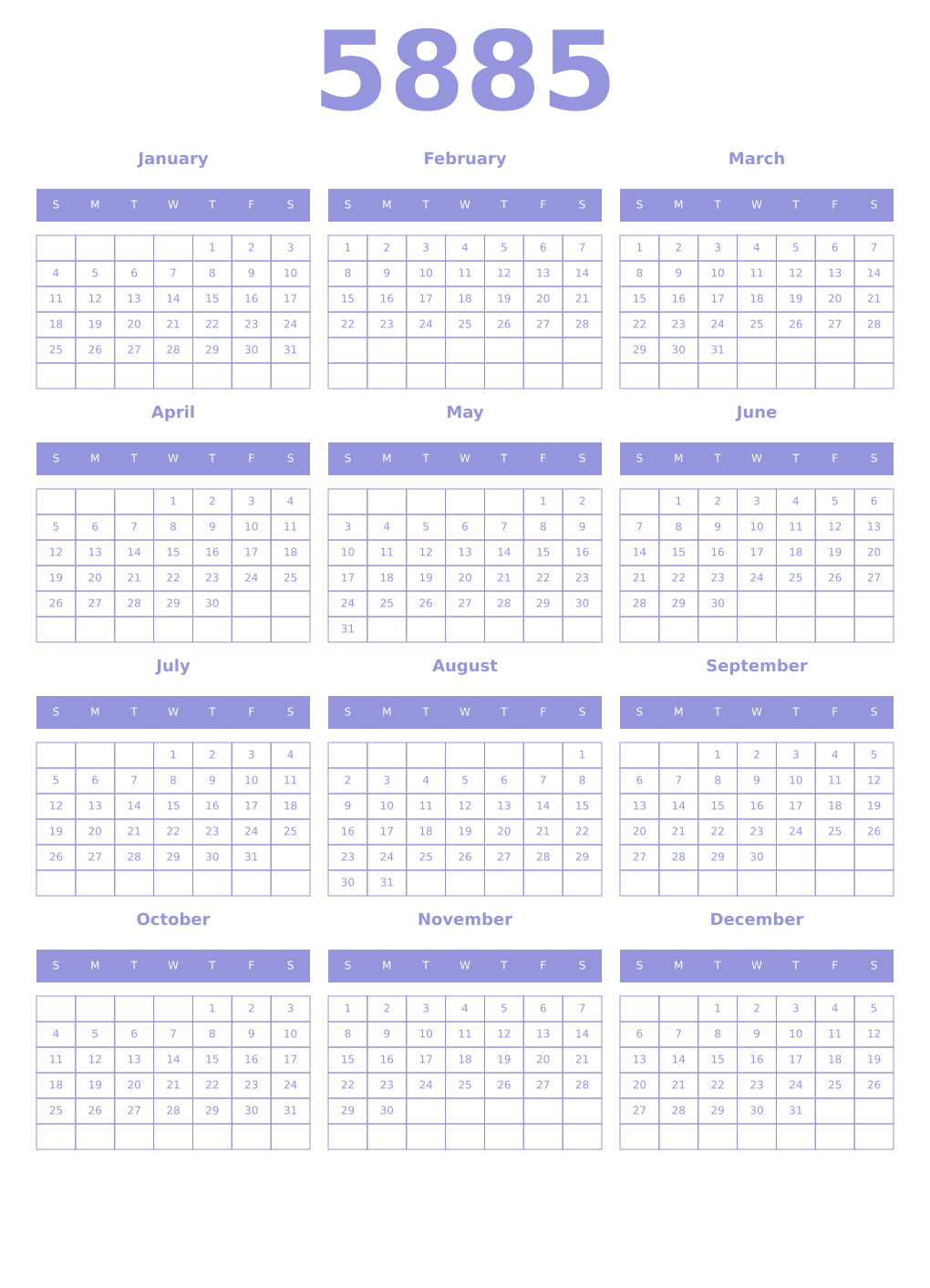 Printable 5885 Year Calendars periwinkle