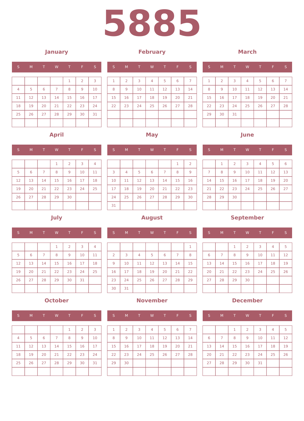 Printable 5885 Year Calendars puce