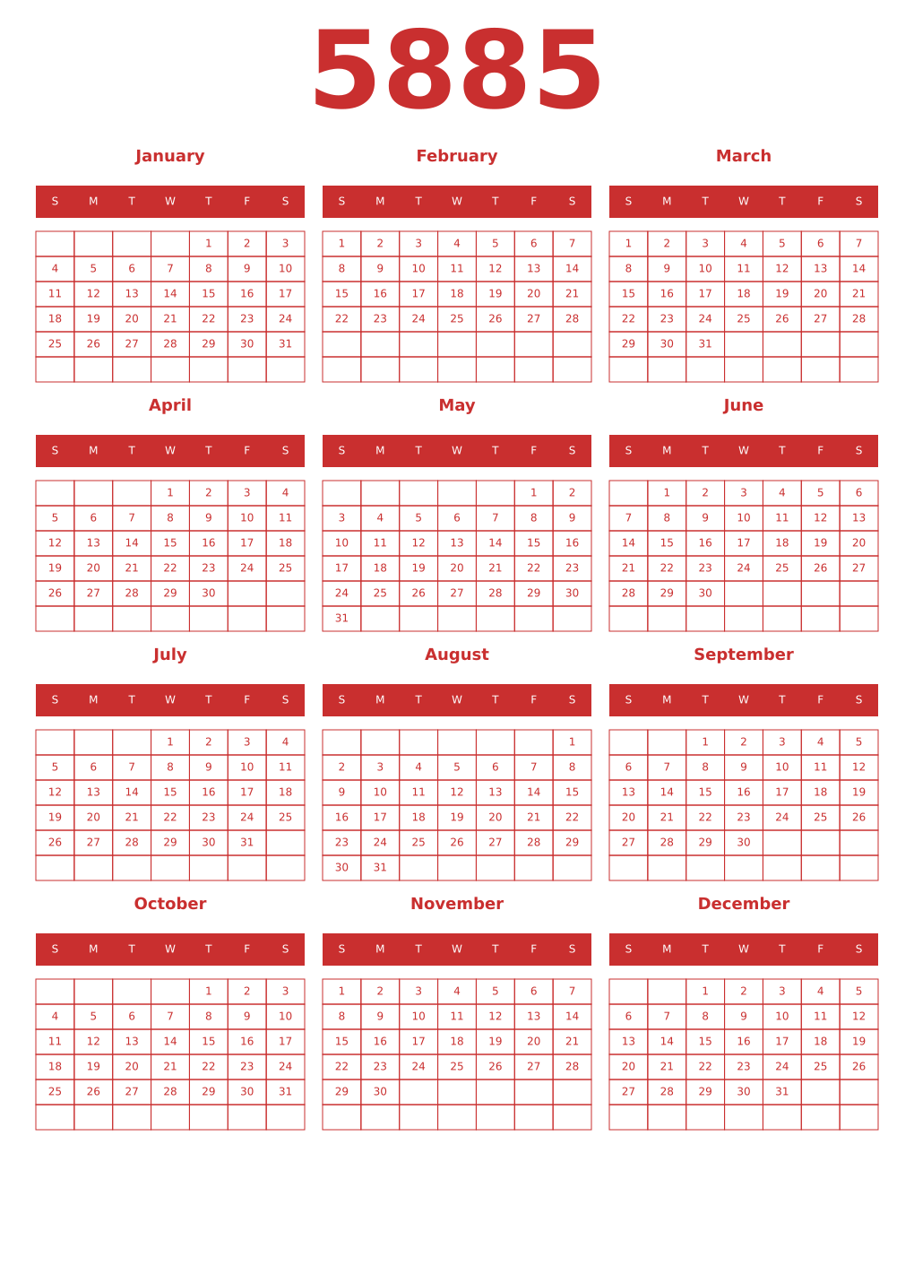 Printable 5885 Year Calendars red