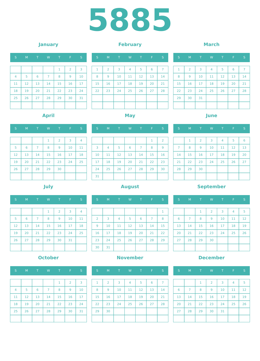 Printable 5885 Year Calendars verdigris