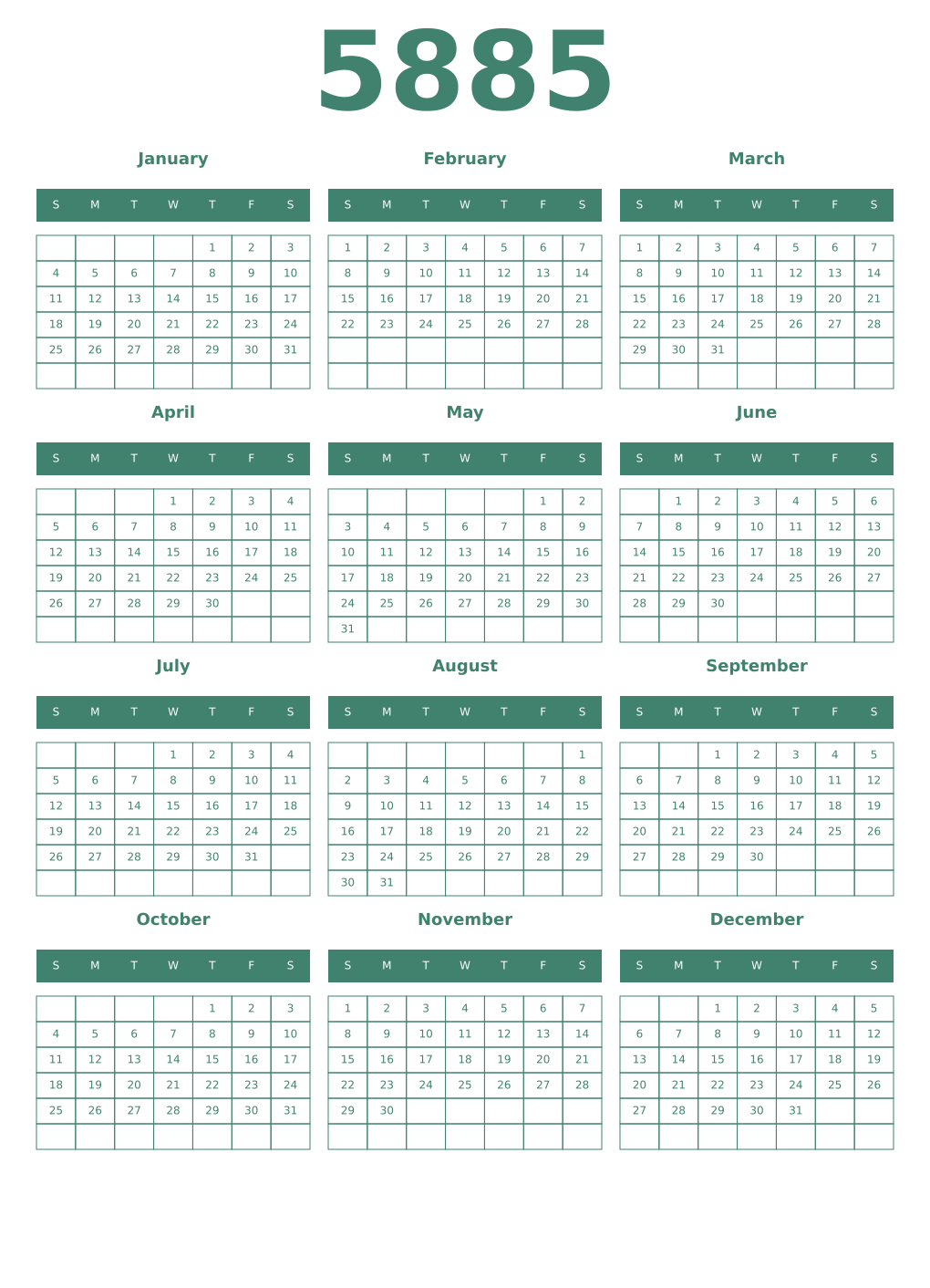 Printable 5885 Year Calendars viridian
